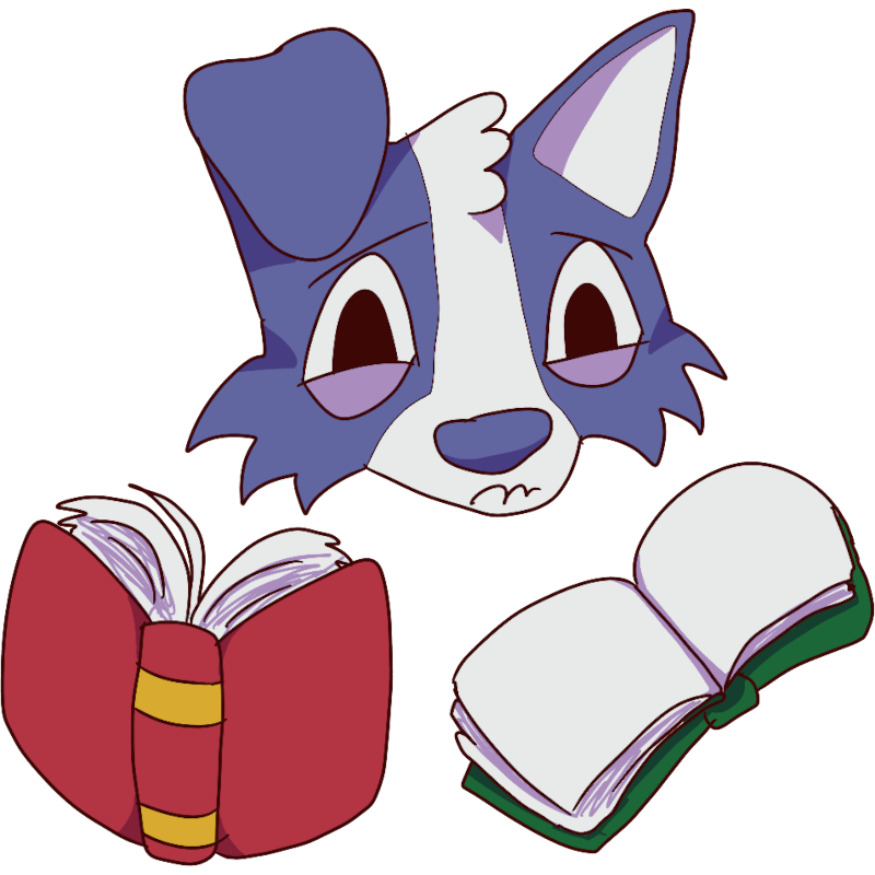 a blue dog looks worried at a red book and a green book